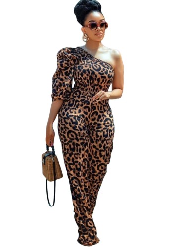 Sexy Leopard Print One Shoulder Formal Jumpsuit
