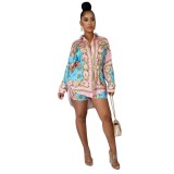 Print African Long Sleeve High Low Blouse and Shorts Set