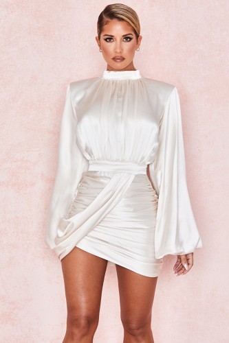 White Ruched Mini Dress with Pop Sleeves