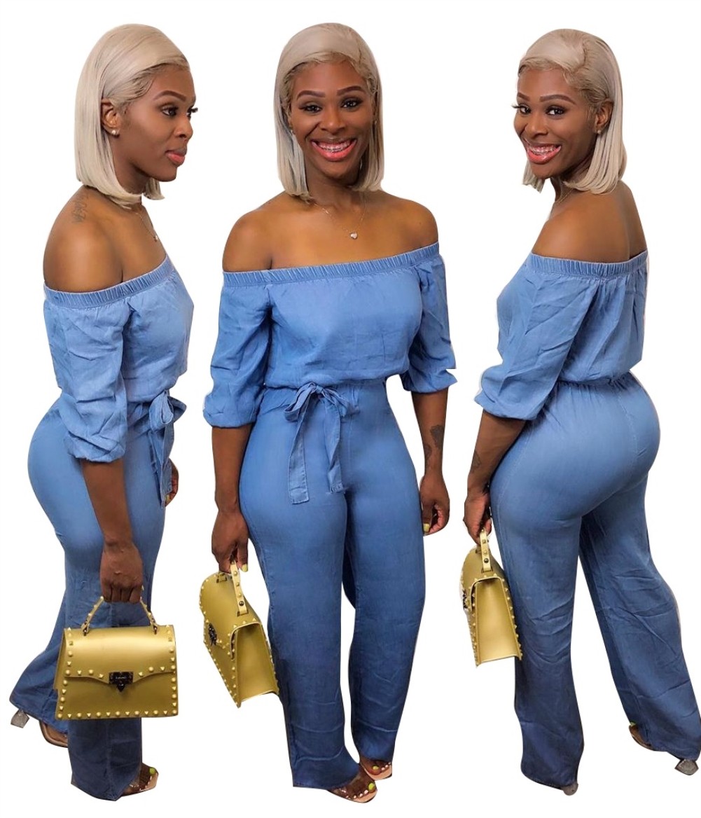 Wholesale Off the Shoulder Sexy Blue Loose Jumpsuit | Global Lover
