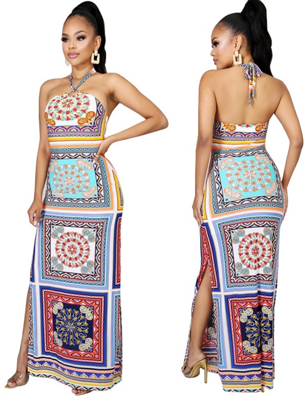 Wholesale Print Low Back Sexy Slit Halter Long African Dress | Global Lover