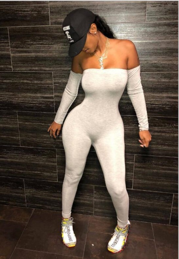 Solid Color Strapless Bodycon Jumpsuit with Sleeves