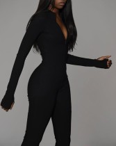 Active Black Long Sleeve Bodycon Jumpsuit