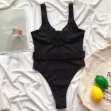 Solid Color One Piece Swimwear with Belt