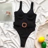Solid Color One Piece Swimwear with Belt