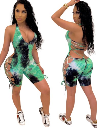 Sexy Tie Dye Lace Up Bodycon Rompers