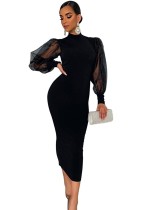 Sexy Black Slim Midi Dress with Mesh Sleeves