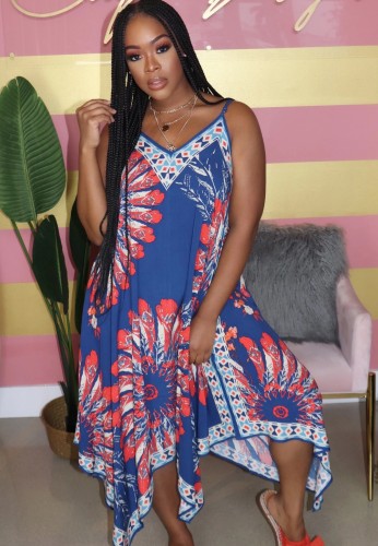 Summer African Fit and Flare Print Straps Long Dress