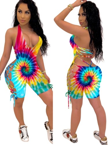 Zomer Tie Dye Lace Up Sexy Bodycon rompertjes