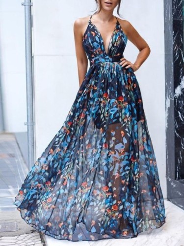 Sexy Floral Blue Halter Long Formal Dress