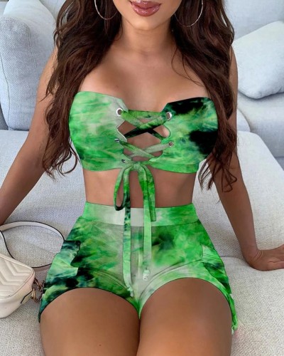 Sexy Lace Up Two Piece Tie Dye Short Set