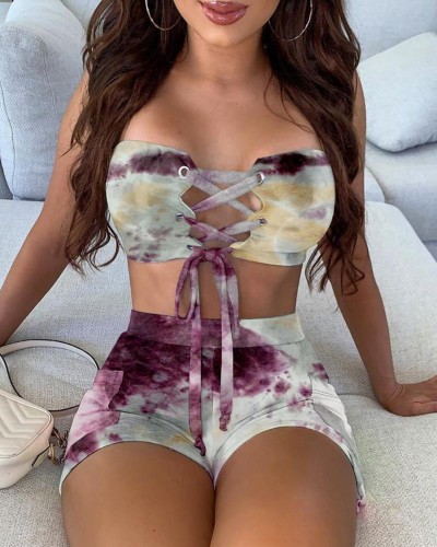 Sexy Lace Up Two Piece Tie Dye Short Set