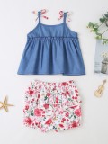 Kids Girl Summer Denim Shirt and Floral Shorts