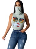 Summer Print Sleeveless Tight Shirt with Face Cover