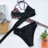 Sexy Two Piece Contrast Leopard O-Ring Halter Swimwear