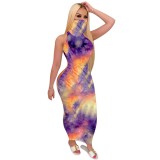 Tie Dye Sexy Sleeveless Tight Midi Dress with Face Cover