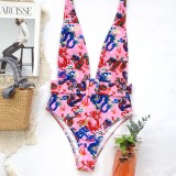 Sexy Deep-V Floral One Piece Swimwear with Belt