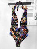Sexy Deep-V Floral One Piece Swimwear with Belt