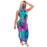 Tie Dye Sexy Sleeveless Tight Midi Dress with Face Cover