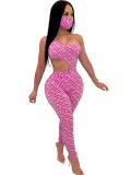Sexy Print One Shoulder Cut Out Two Piece Jumpsuit with Face Cover