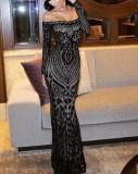 Off the Shoulder Sequins Evening Dress with Long Sleeves