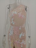 Sequins Floral One Shoulder Slit Evening Dress