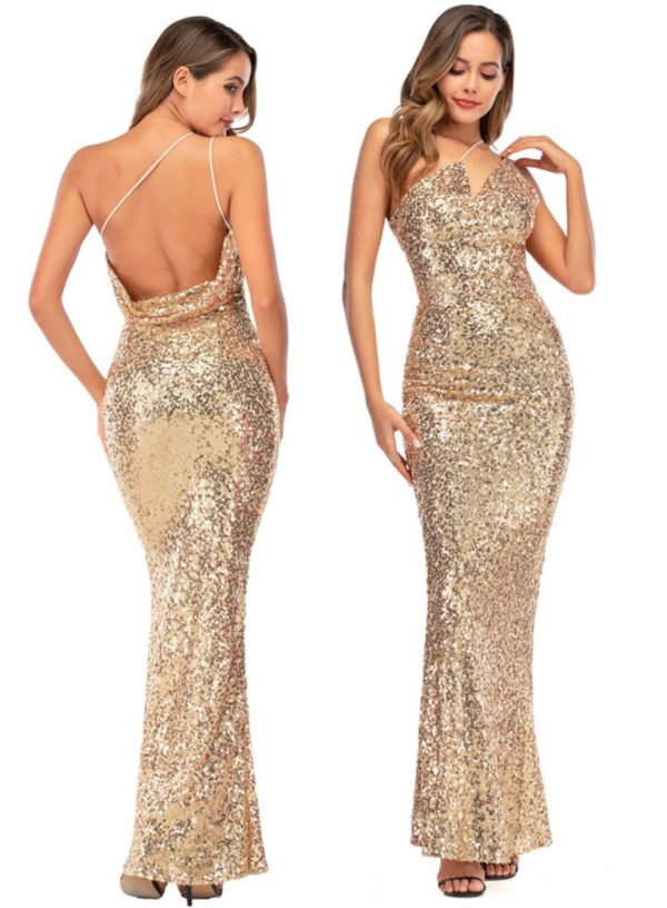 Sexy Sequins Low Back One Shoulder Evening Dress