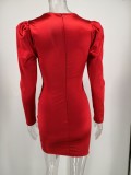 Elegant Red Long Sleeve Wrappd Mini Party Dress