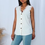 Summer White Sleeveless V-Neck Tank Top with Lace Trims