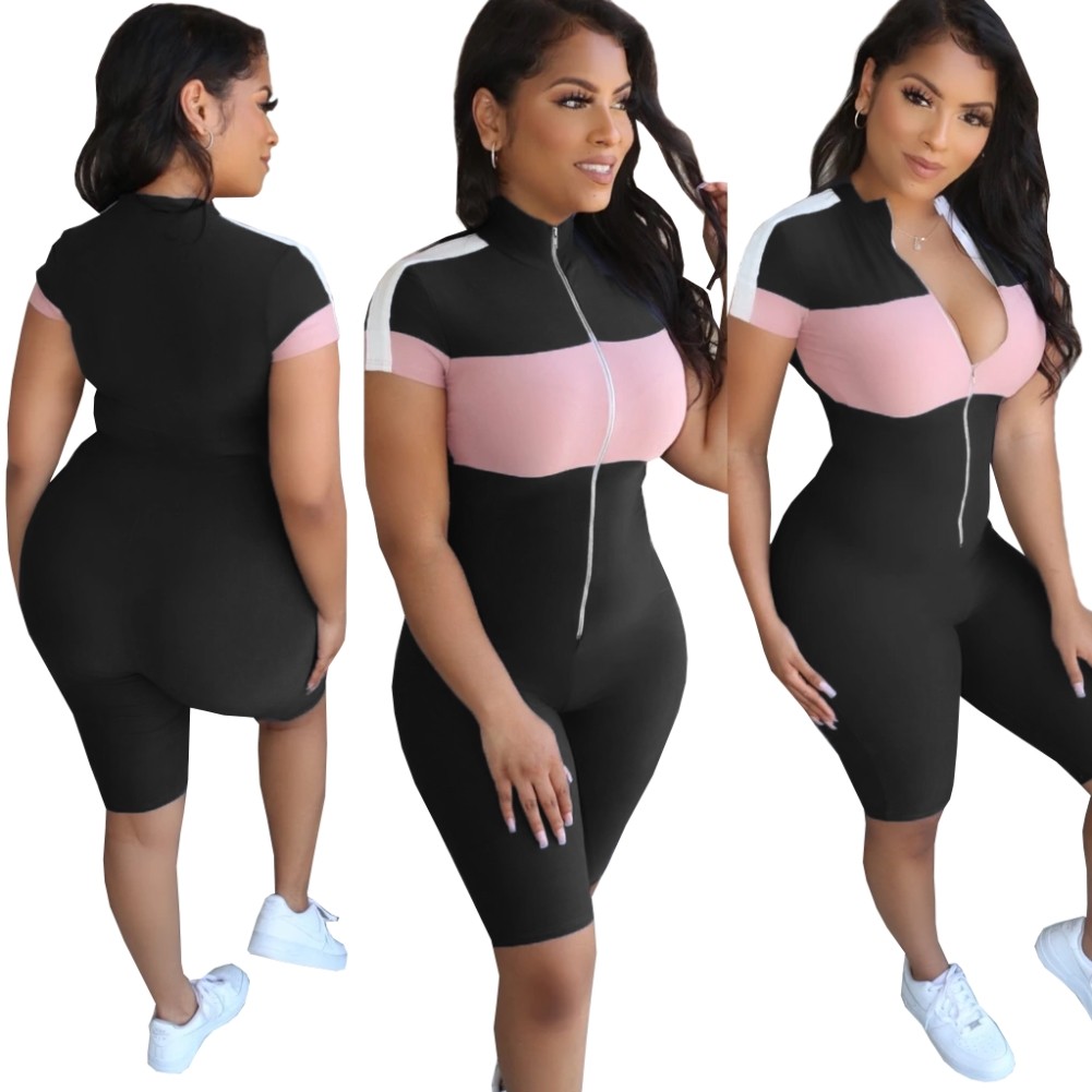 Wholesale Summer Sports Contrast Zipper Bodycon Rompers Global Lover