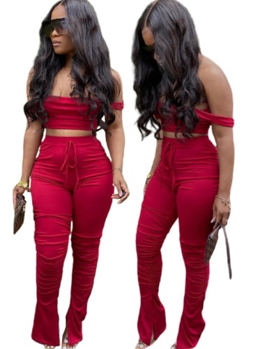 Sexy Solid Color Crop Top and Stacked Pants Set