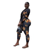 Sexy V-Neck Floral Black Bodycon Jumpsuit with Sleeves