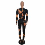 Sexy V-Neck Floral Black Bodycon Jumpsuit with Sleeves