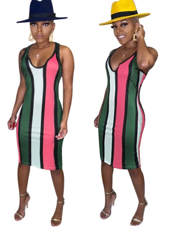 Multi Color Wide Stripes Midi Tank Dress