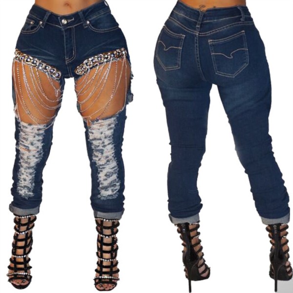 Sexy Blue High Waist Chains Ripped Jeans