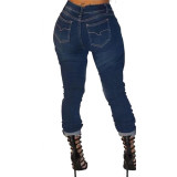 Sexy Blue High Waist Chains Ripped Jeans