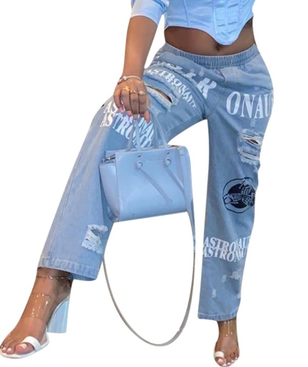 Sexy Light Blue Print Ripped Jeans