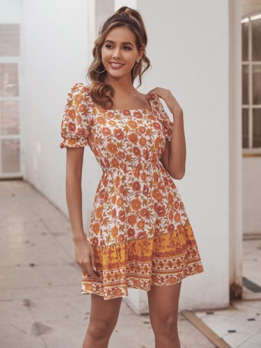 Wholesale Summer Floral Short Sleeves Square Skater Dress Global