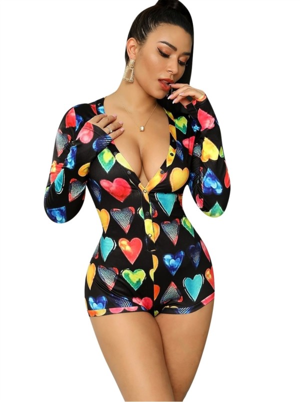 Multi Color Heart Print Long Sleeve Rompers Pajama