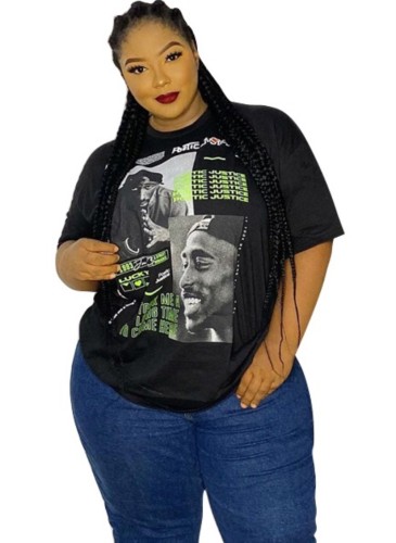 Plus size zomer print zwart basic shirt