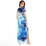 Summer Tie Dye V-Neck Slit Long Dress