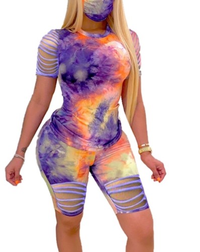 Summer Sexy Tie Dye Two Piece Ripped Short Set