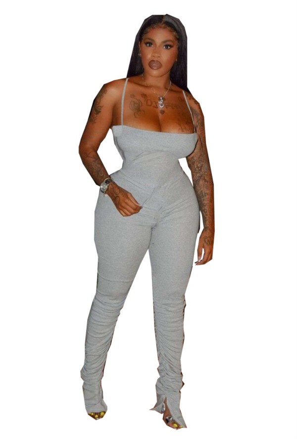 Sexy Strap Stacked Plain Jumpsuit