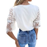 Summer Print White Basic Shirt with Hollow Out Sleeves