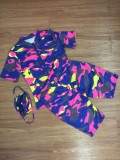 Print Camou Two Piece Shorts Set with Face Cover