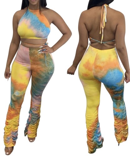 Sexy Tie Dye Crop Top and Stacked Pants Set
