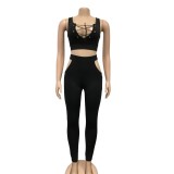 Sexy Lace Up Crop Top and Cut Out High Waist Pants Set