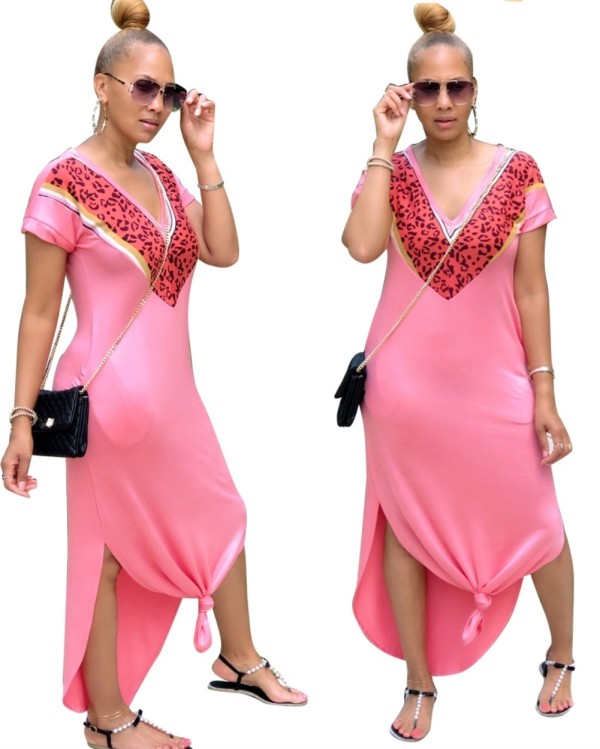 Print Pink V-Neck Slit Long Dress