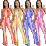 Sexy Stripes Halter Jumpsuit with Belt
