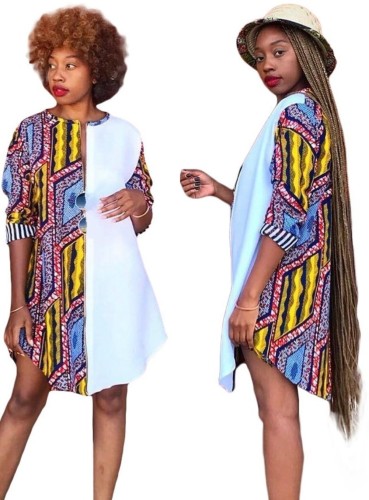 Summer African Print O-Neck Shirt Dress